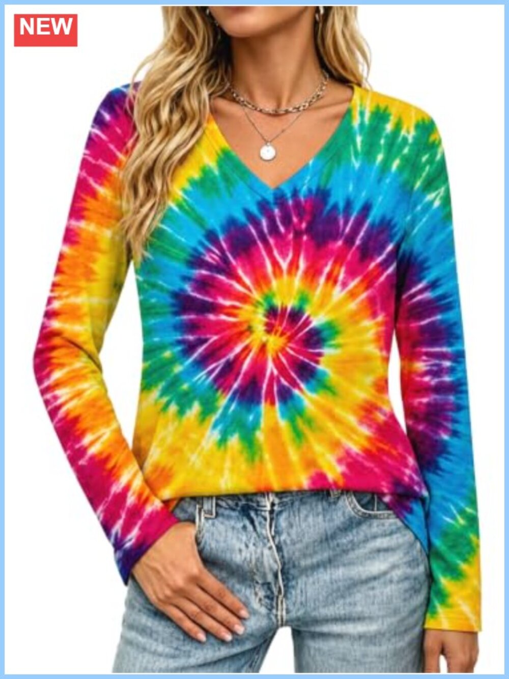 Women's 70s Hippie Tie-Dye V-Neck Long Sleeve Boho Graphic Tee
